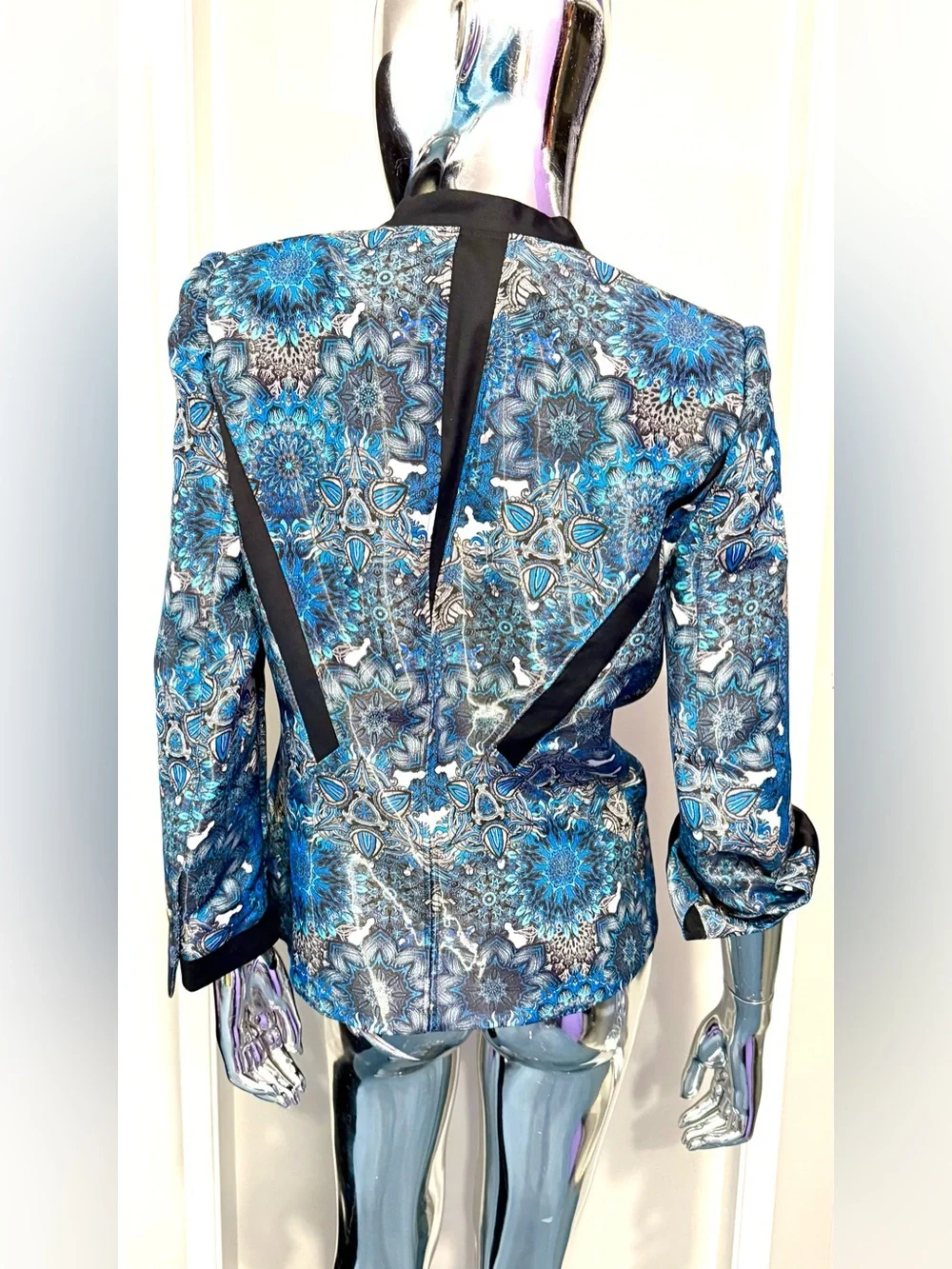 Helmut Lang Blue Mandala Print Blazer w/Black Trim - shiny outer, silk lining - Picture 3 of 7